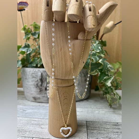 Gold & White Heart Trendy Necklace Set - Boho Layered Necklace Set - Picture 3 of 16